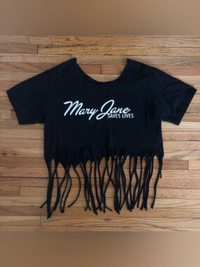 SOLD 🔥Mary Jane Saves Lives Black Fringe Crop Tee